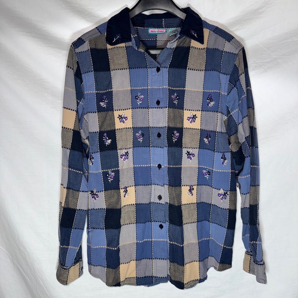 Y2K Nectar Blue Patchwork Plaid Floral Embroidered Shirt Grandmacore Womens L